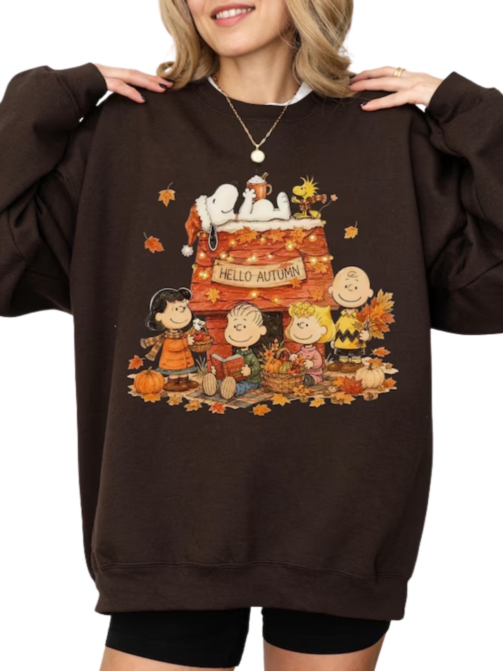 Brown Hello Autumn Peanuts Graphic Sweatshirt